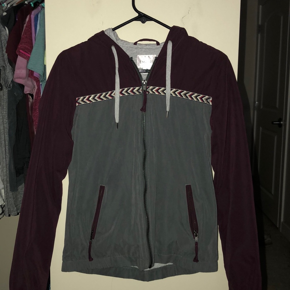 Deep maroon and gray light jacket